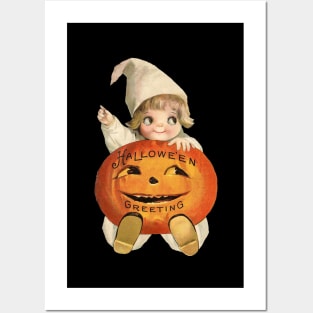 Halloween Greeting Baby Girl With A Pumpkin Posters and Art